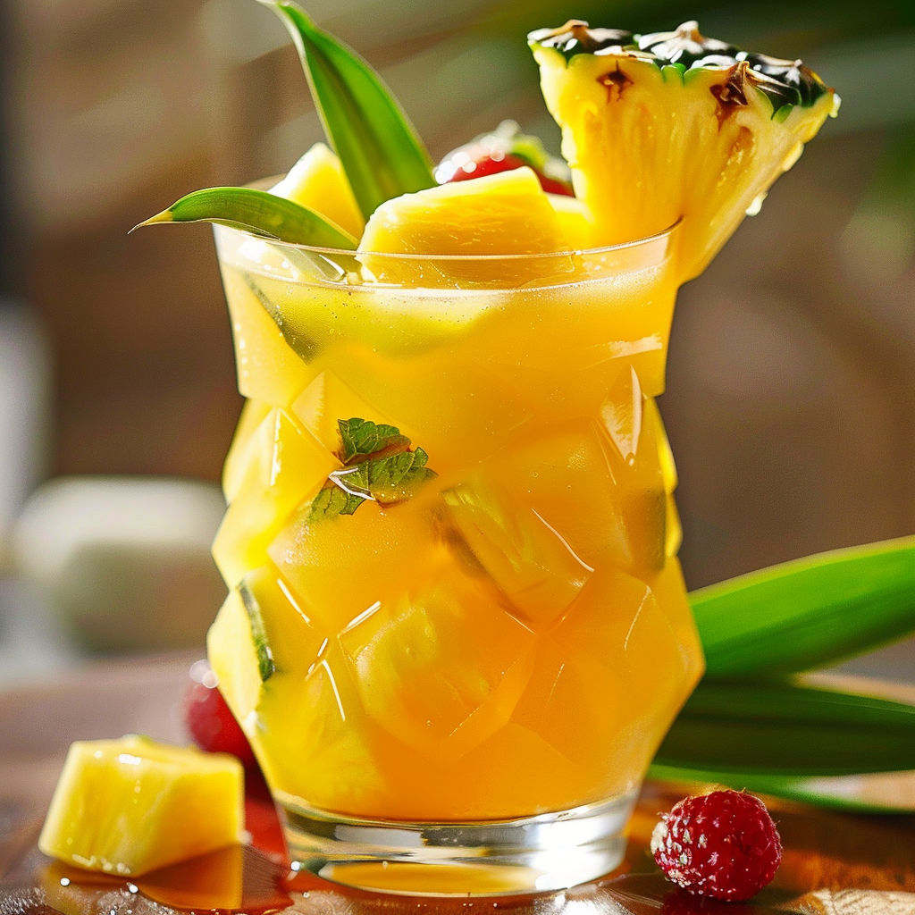 Un verre de boisson fruitée avec une paille en ananas et quelques fruits rouges.