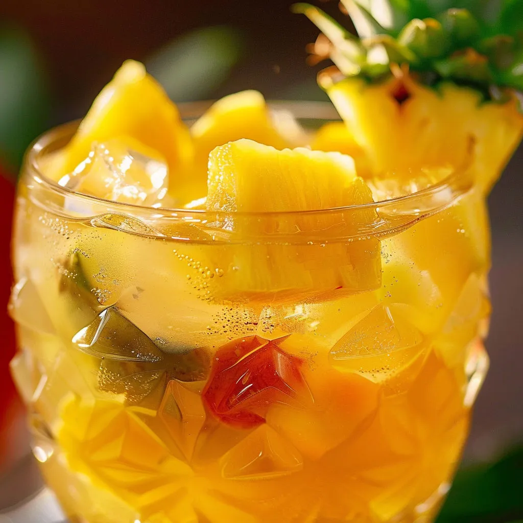 Un grand verre de jus d’ananas avec des morceaux d’ananas et quelques fruits rouges.