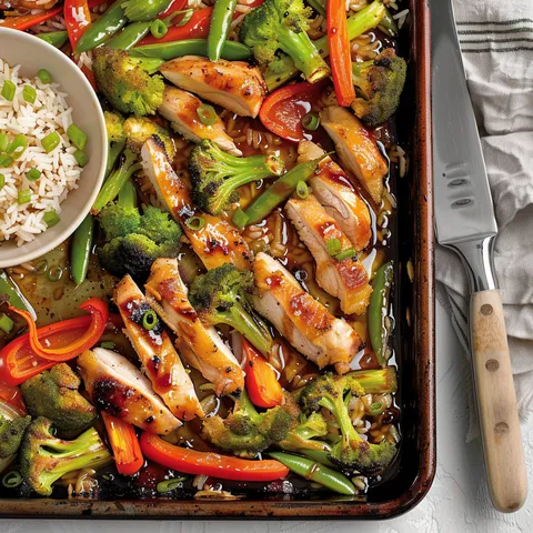 Plaque avec poulet asiatique, légumes verts et sauce dorée.