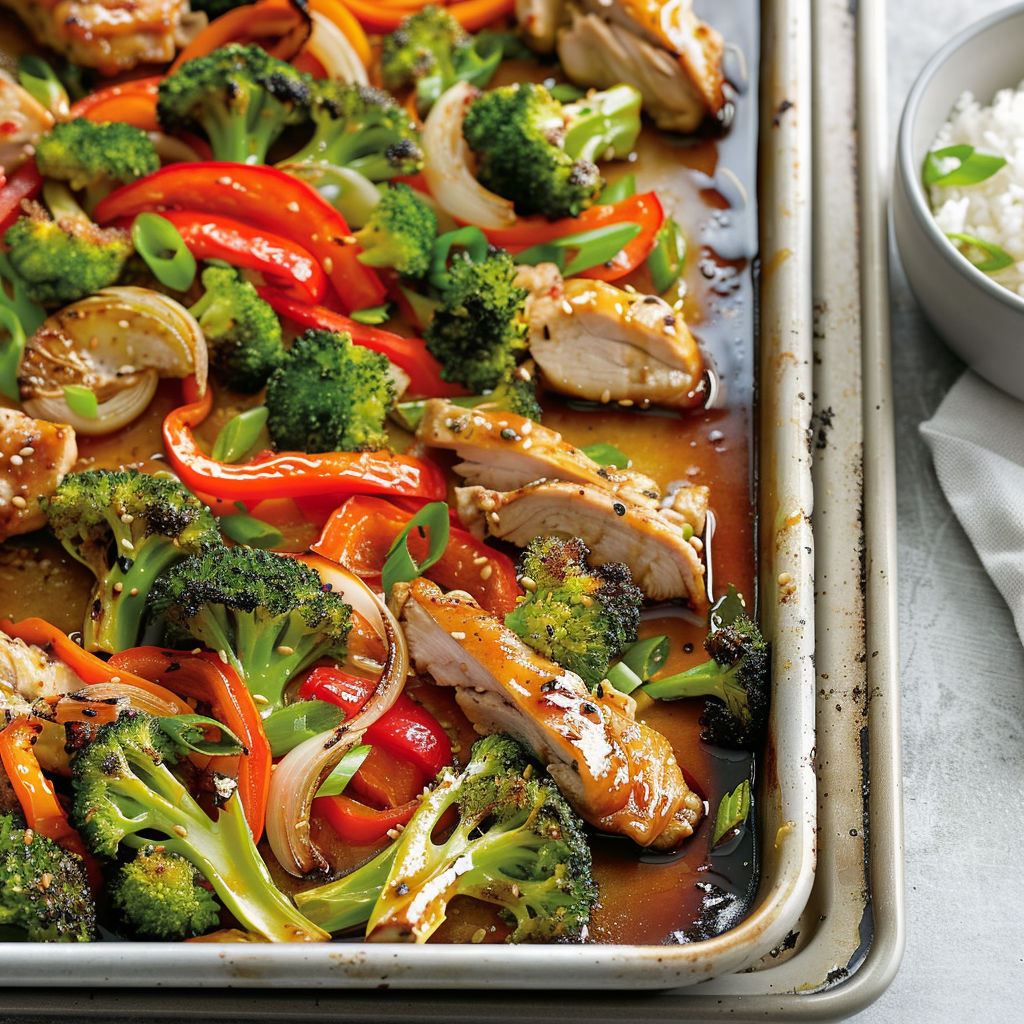 Poulet et brocoli dorés sur une plaque en métal.