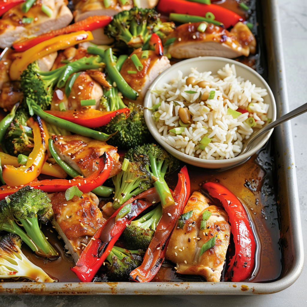 Assiette de riz et poulet avec brocoli, poivrons et oignons.