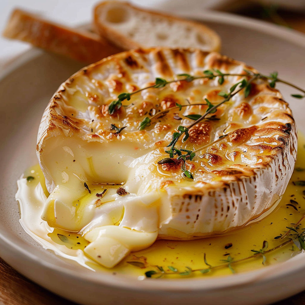 Gâteau au fromage doré, herbes fraîches et tranches de pain grillé.