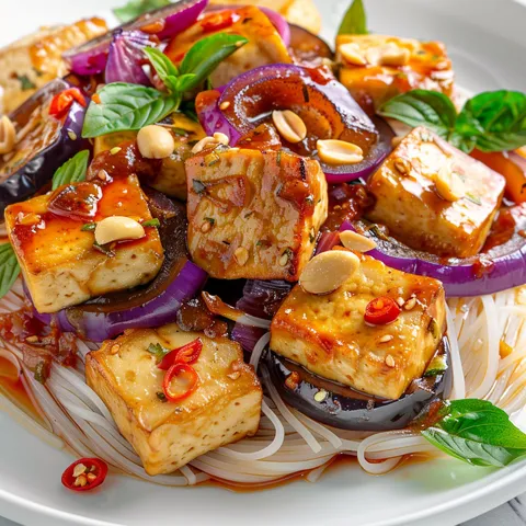 Plat de tofu et aubergines en sauce sucrée et noix de cajou.