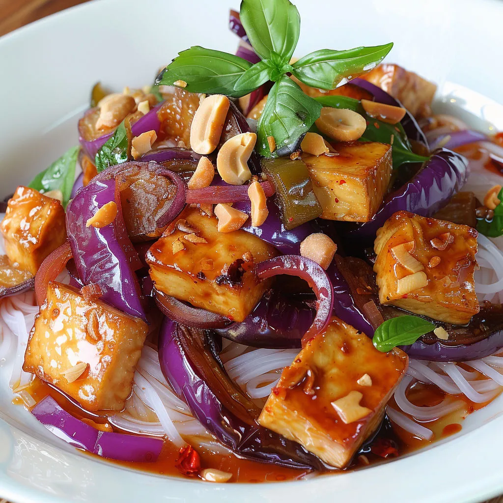 Bol d’aubergines fondantes et tofu doré, avec cajou et herbes.