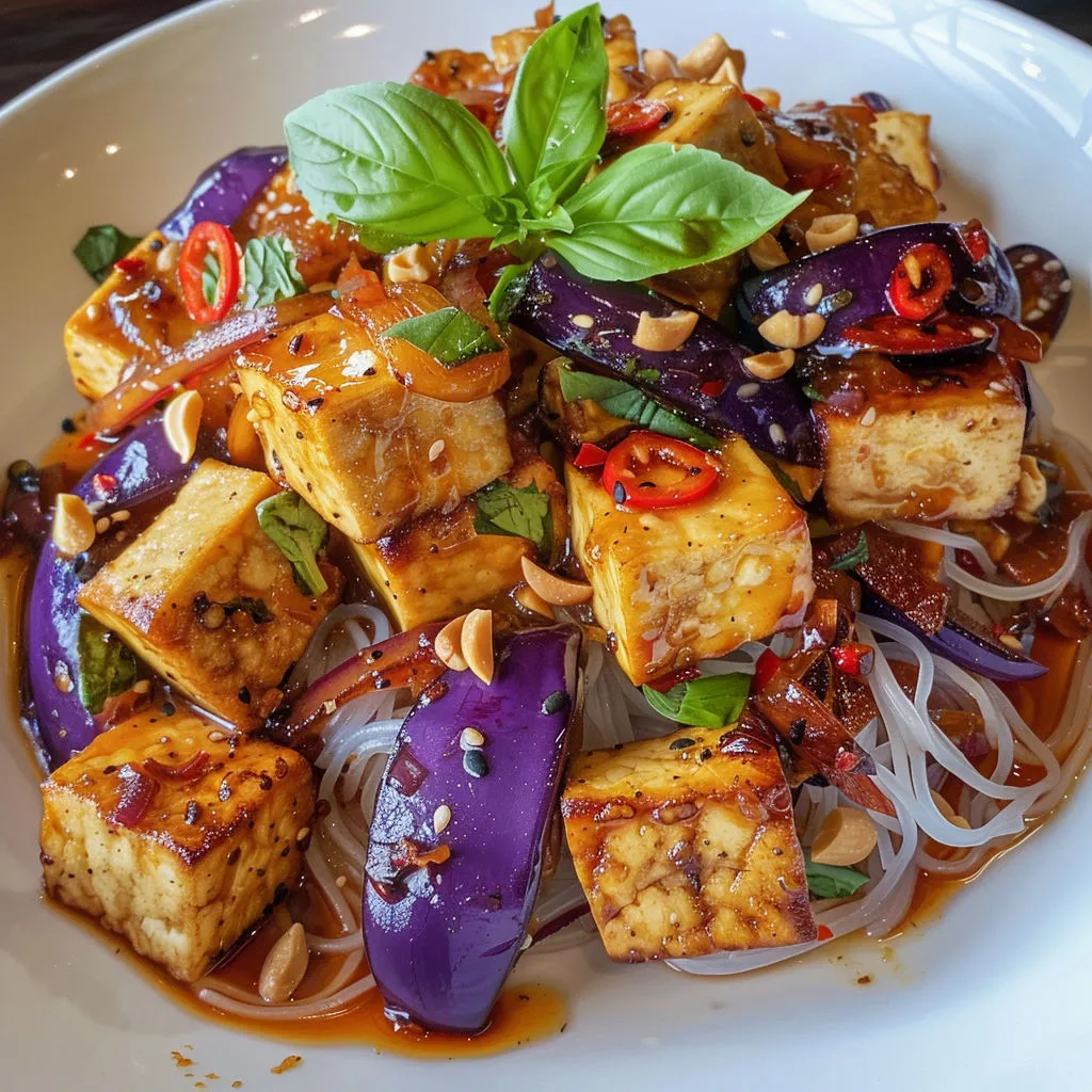 Snack tout frais : tofu, aubergines marinées, vermicelles et herbes en topping.