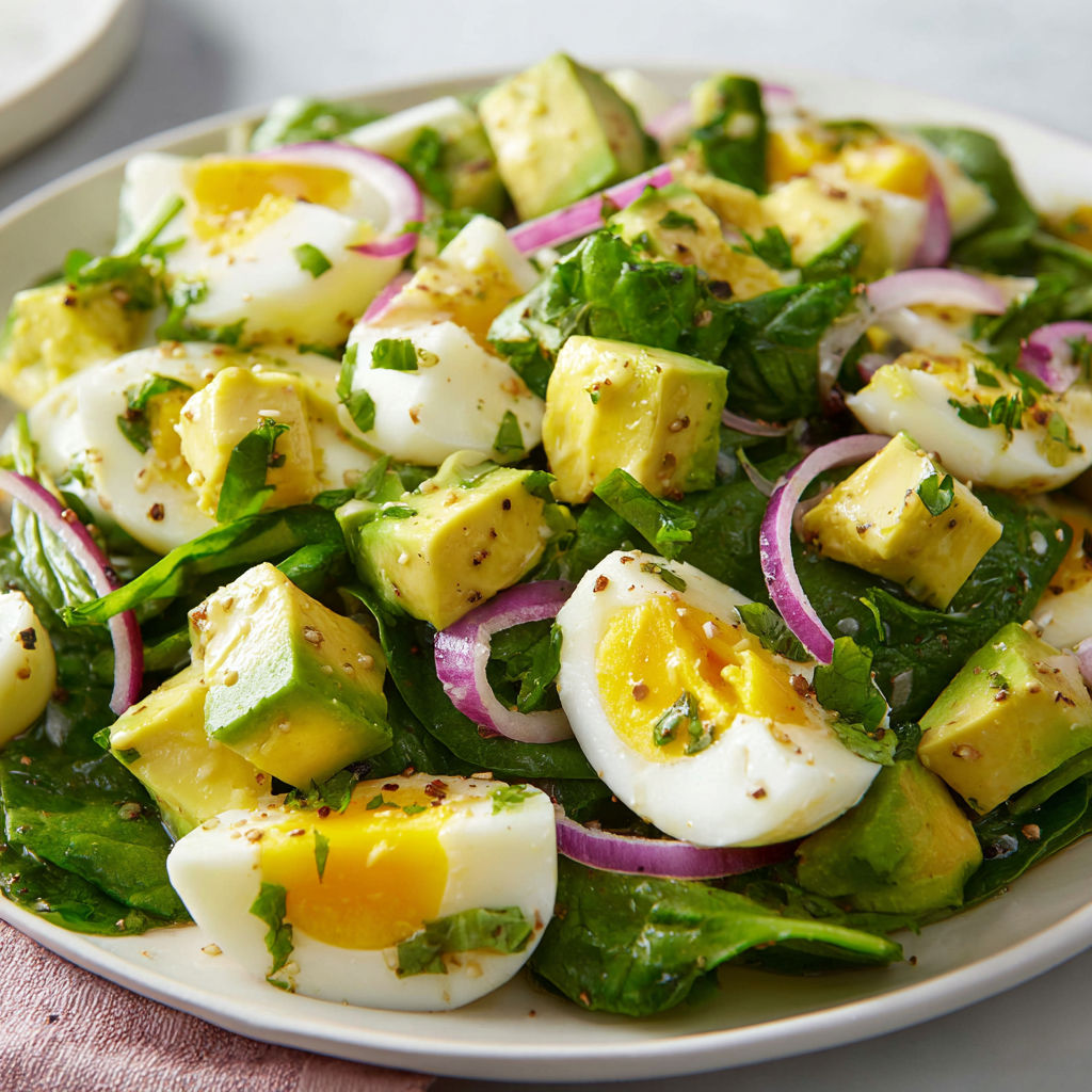 Plateau servi avec salade d'avocat, épinards et œufs.