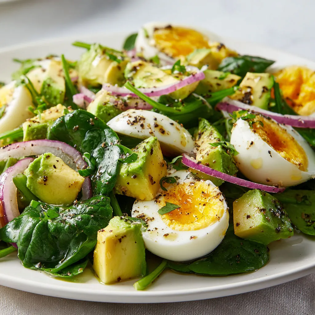 Salade de poulet et avocat avec des œufs et épinards.