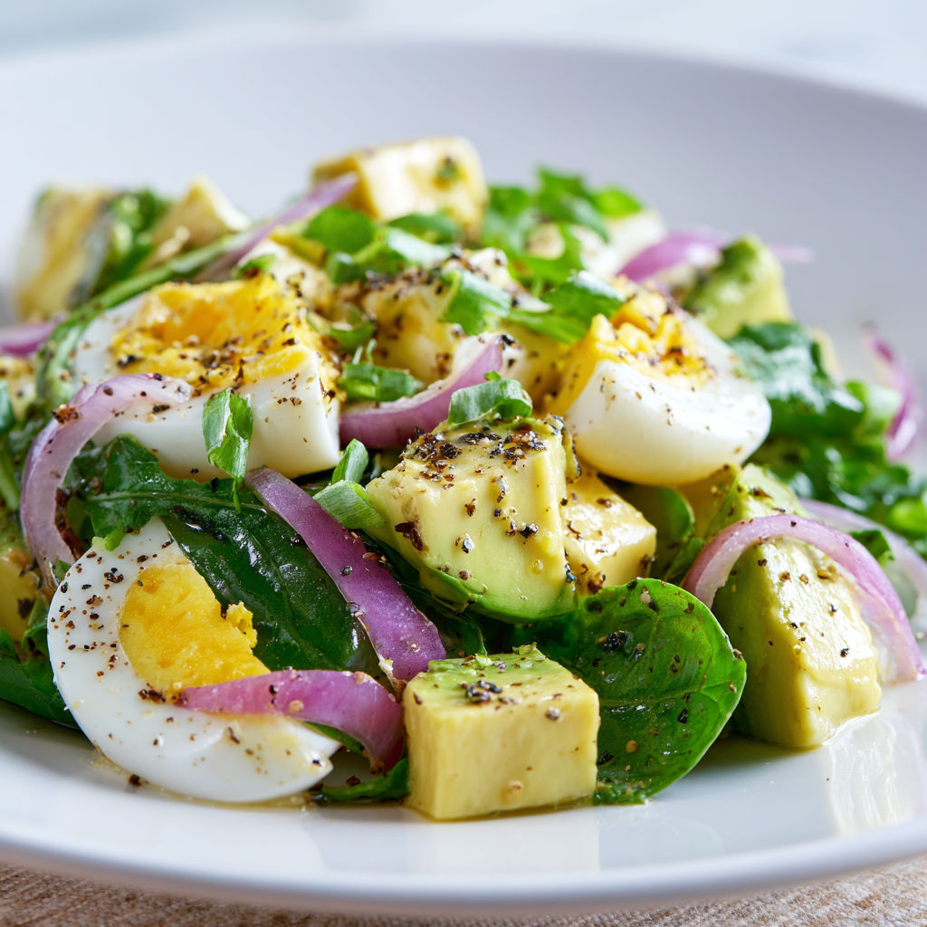 Salade de poulet avec légumes verts et œufs.
