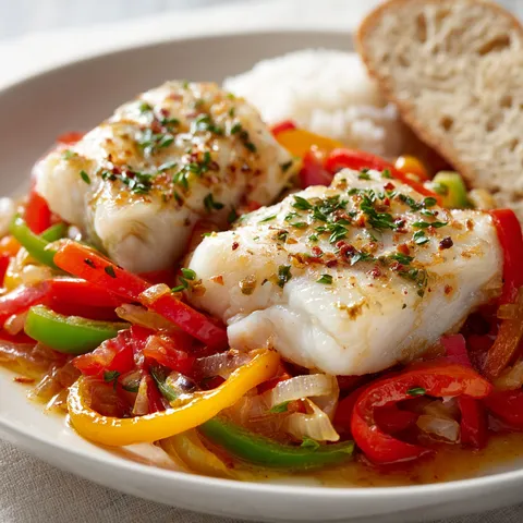 Filets de cabillaud mijotés aux légumes et servis avec du pain frais.