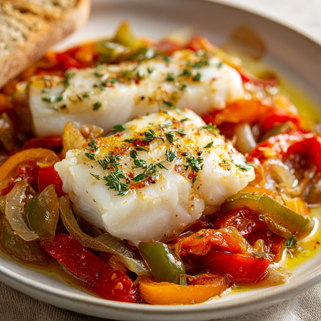 Filet de poisson mijoté avec poivrons et oignons, servi avec une tranche de pain.