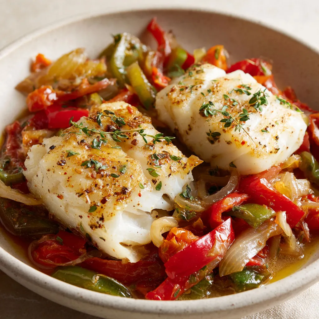 Cocotte de poisson aux légumes du soleil, tomates, poivrons et oignons.
