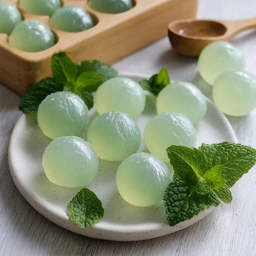 Des gouttes de menthe bien vertes sur un plateau en bois.