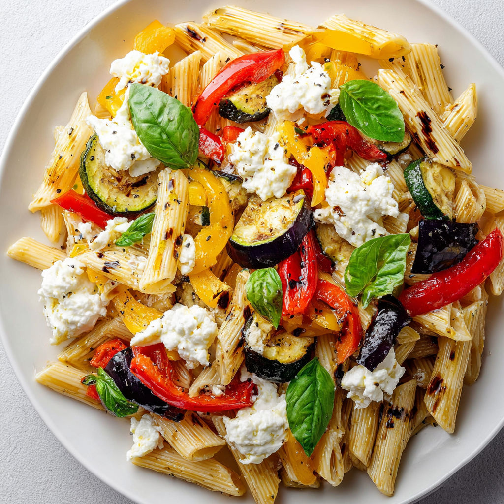 Légumes grillés et ricotta sur des pâtes tendres, servies dans une assiette estivale.
