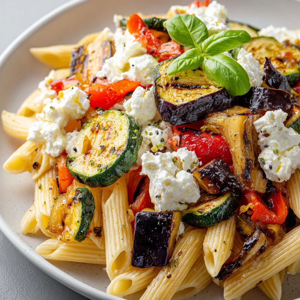Salade de pâtes pleine de légumes verts et herbes fraîches.