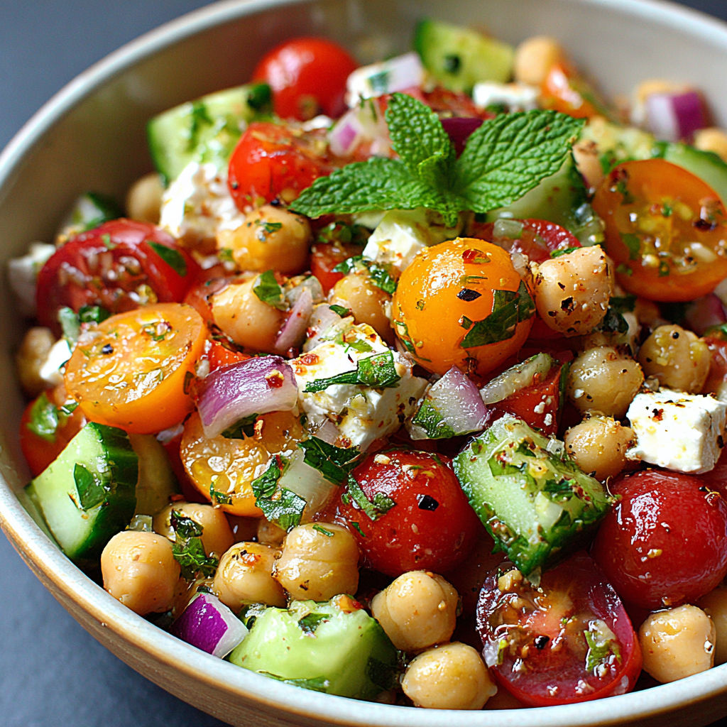 Un mélange estival de pois chiches, tomates fraîches, concombre croquant et herbes parfumées.