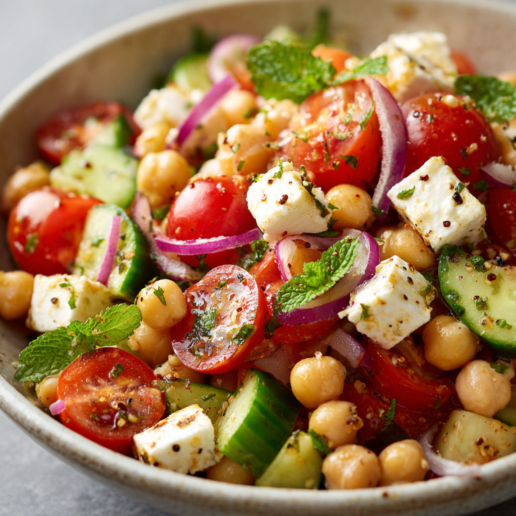 Un grand bol rempli de tomates, concombre, pois chiches et herbes fraîches.