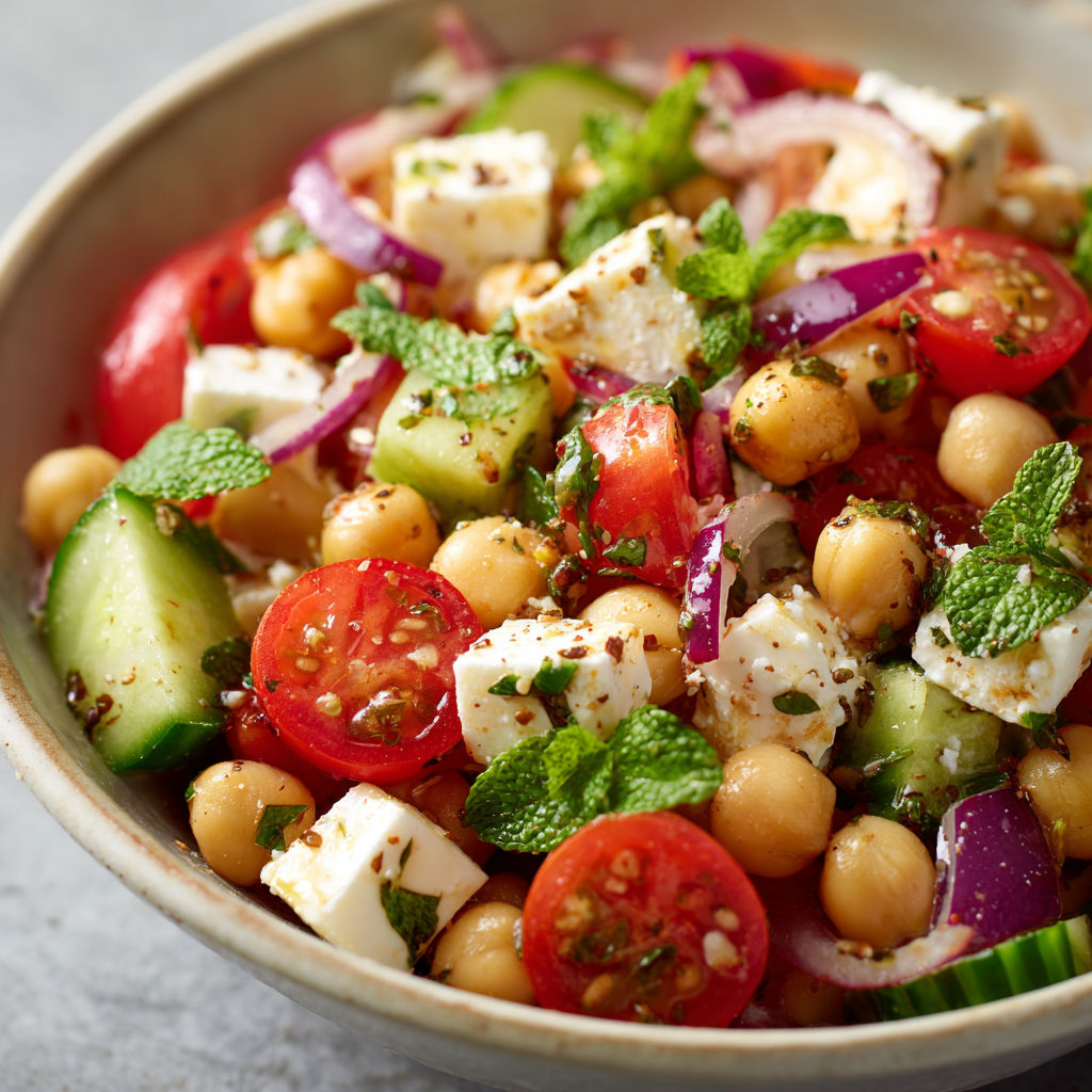 Un grand bol rempli de tomates, concombre, pois chiches et herbes fraîches.