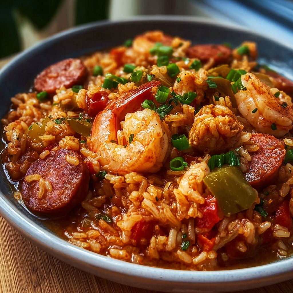 Un bol de jambalaya aux saveurs de la Louisiane avec poulet, fruits de mer et épices.