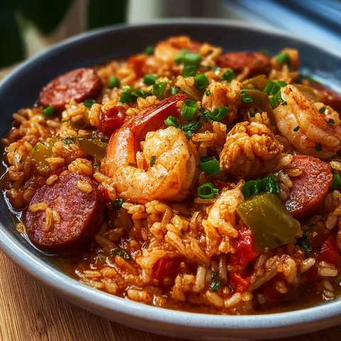 Un bol de jambalaya aux saveurs de la Louisiane avec poulet, fruits de mer et épices.