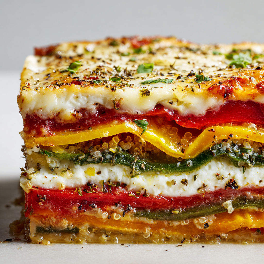 Un plat de strates froides à base de poivrons et quinoa, servi soigneusement sur une table.