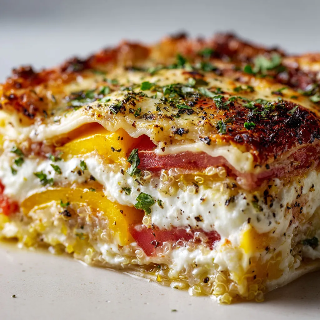 Tarte fraîche citron-fromage avec tomates et herbes sur une belle table blanche.