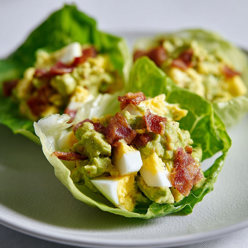 Assiette fraîche avec laitue, avocat, œufs et lardons dorés.