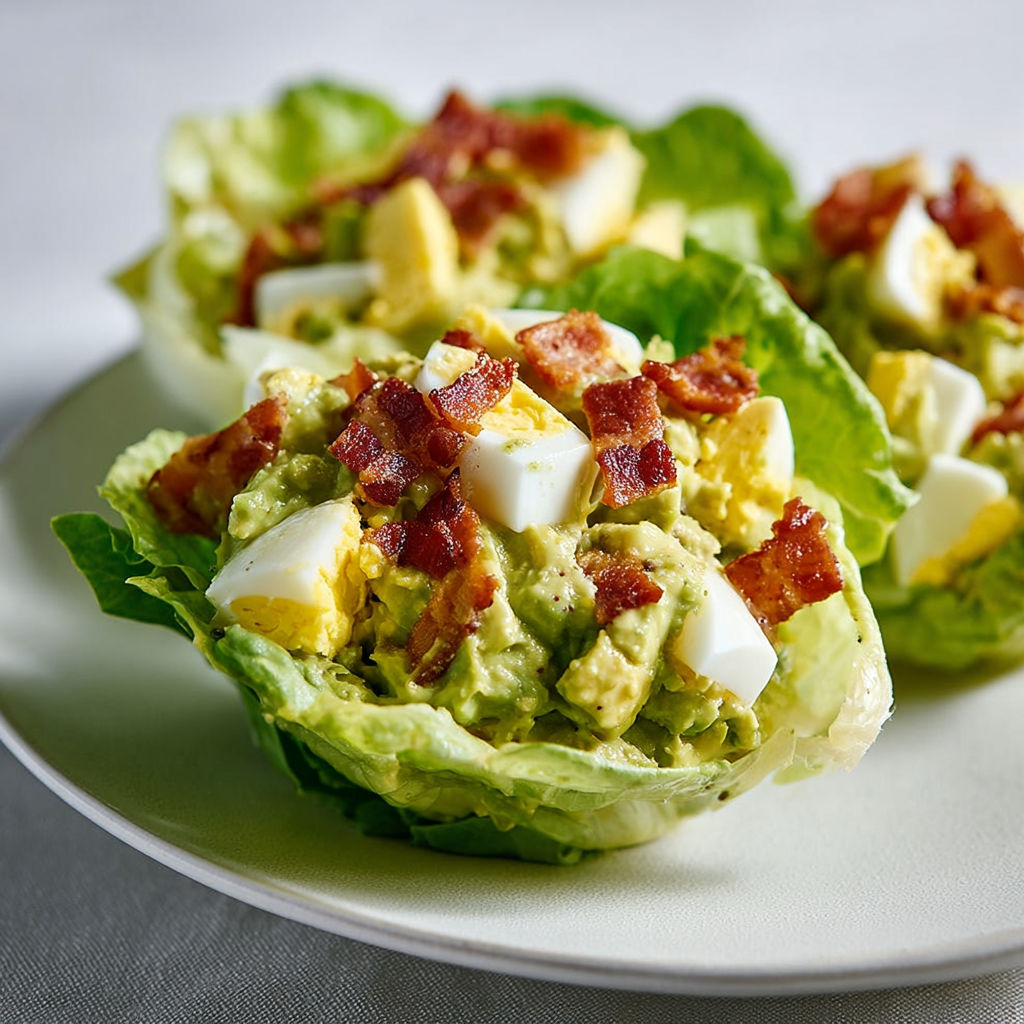 Salade avec bacon, laitue, œufs et légumes verts servie sur un plat.