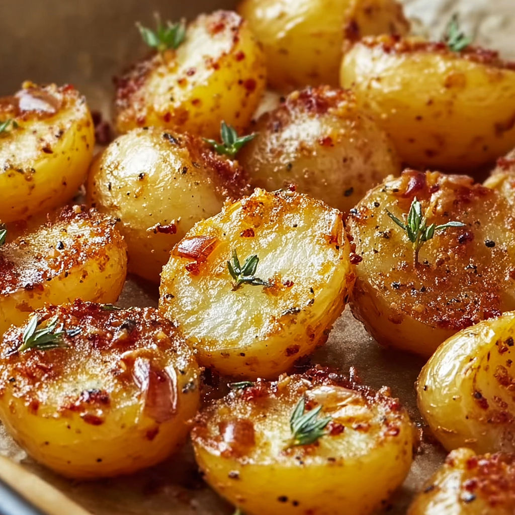 Pommes de terre rôties croustillantes à la moutarde et au thym dans une assiette