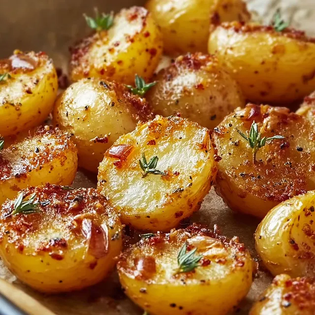 Pommes de terre rôties croustillantes à la moutarde et au thym dans une assiette