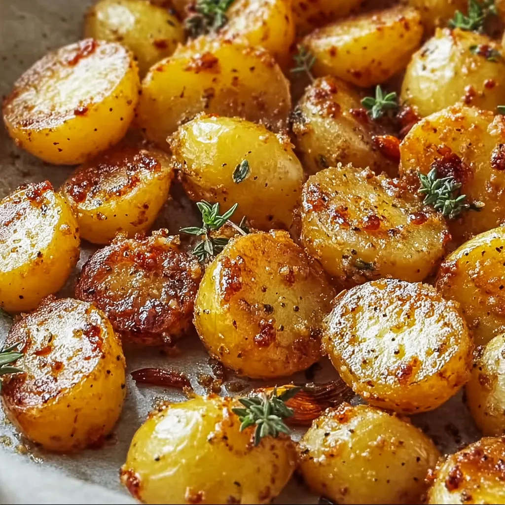 Pommes de terre grillées parsemées d’herbes et d’épices, toutes dorées.