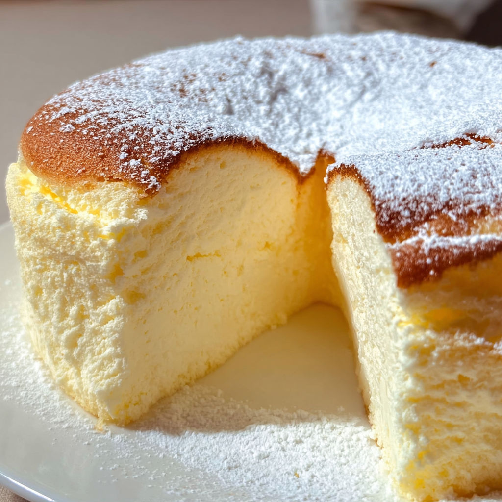 Part de gâteau doux au yaourt, légèrement doré, saupoudré d'un voile de sucre.