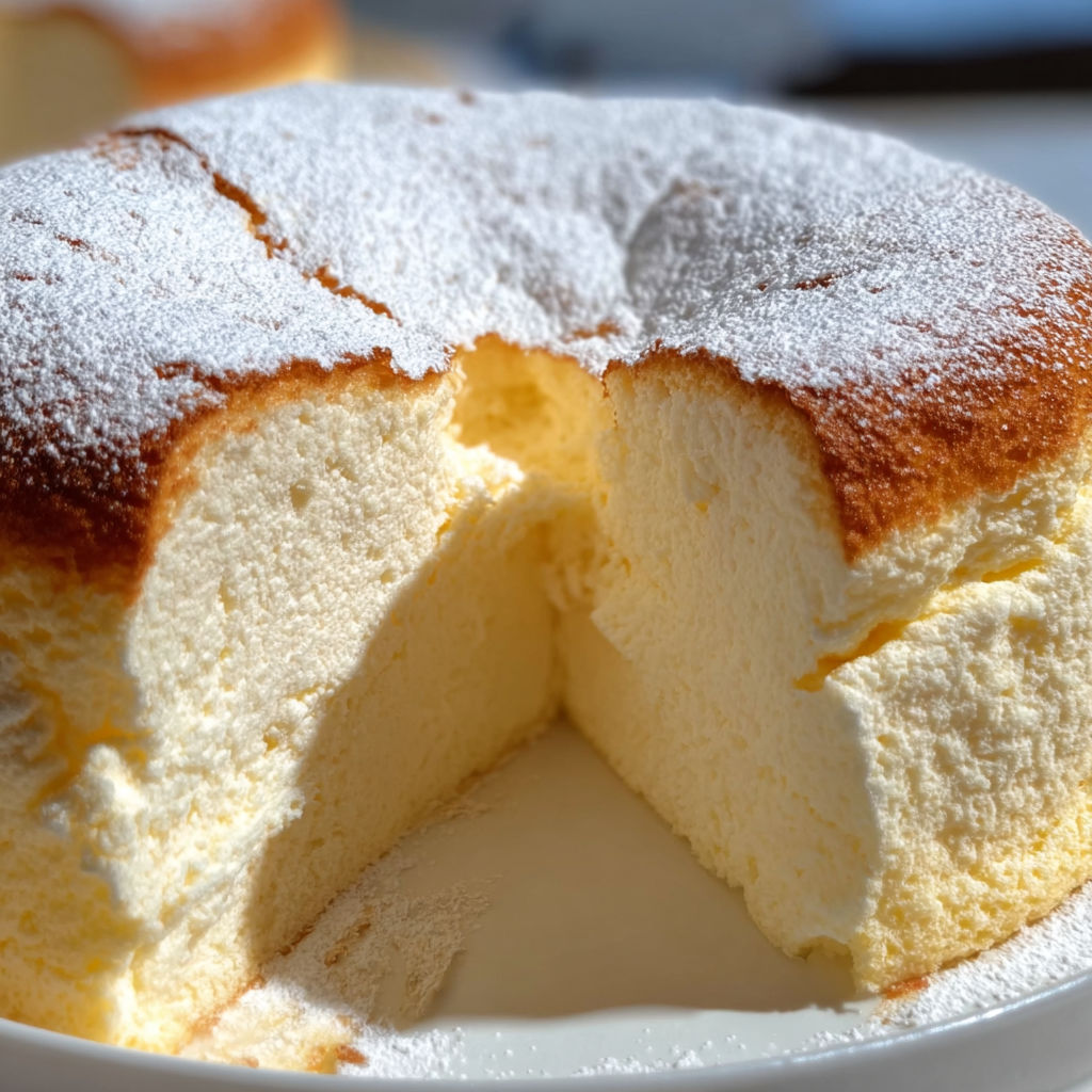 Une part de gâteau ultra moelleux au yaourt et vanille, posée sur un plat.