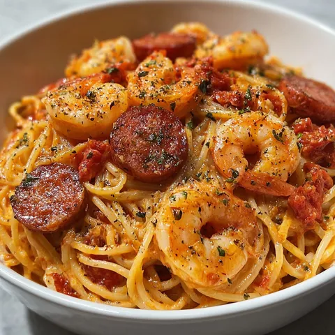 Plat délicieux de spaghetti avec chorizo et crevettes, plein de saveurs.