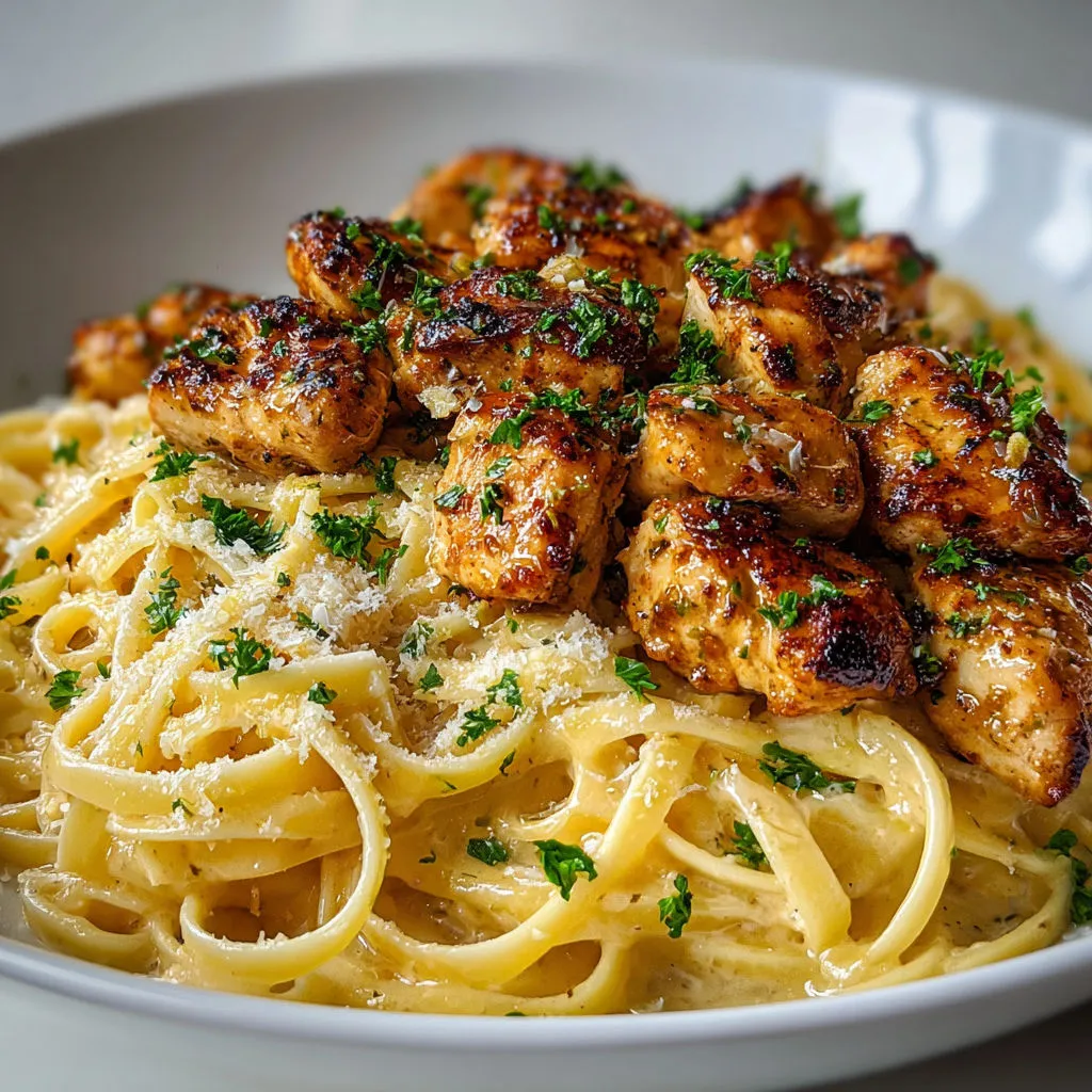 Linguines nappées de sauce gourmande accompagnées d’un poulet au beurre et citron.