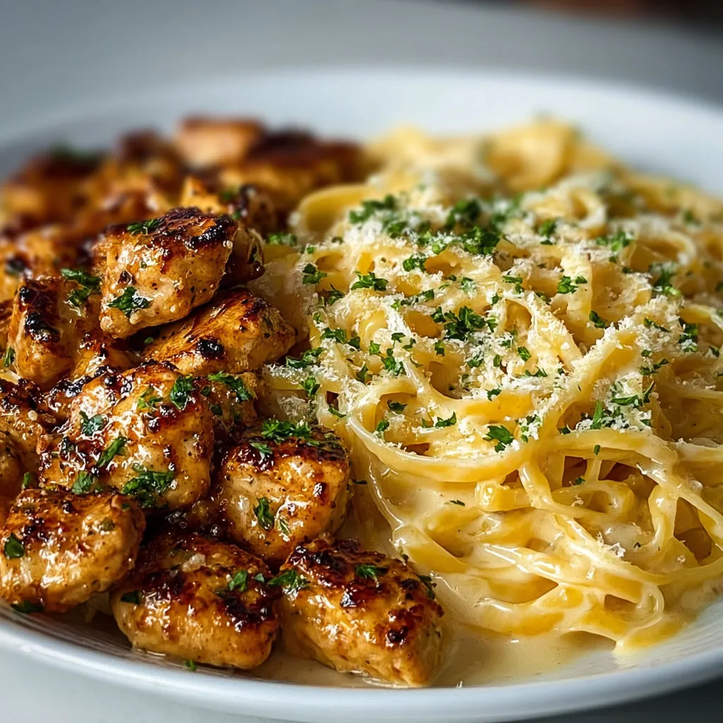 Une belle assiette de linguines au poulet citron, crème et parmesan, agrémentée de tomates et d’épinards.