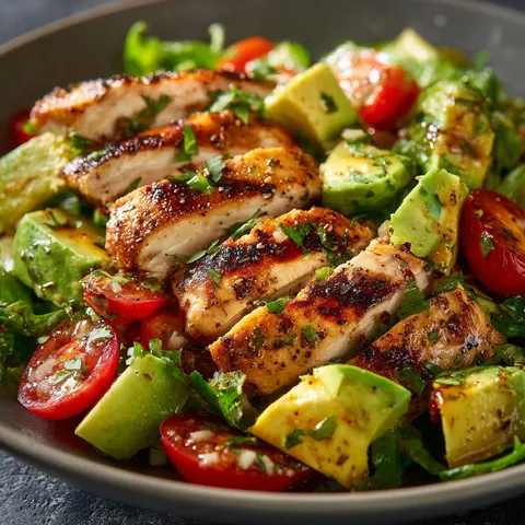 Un plat frais avec avocat, poulet grillé, tomates et herbes aromatiques.
