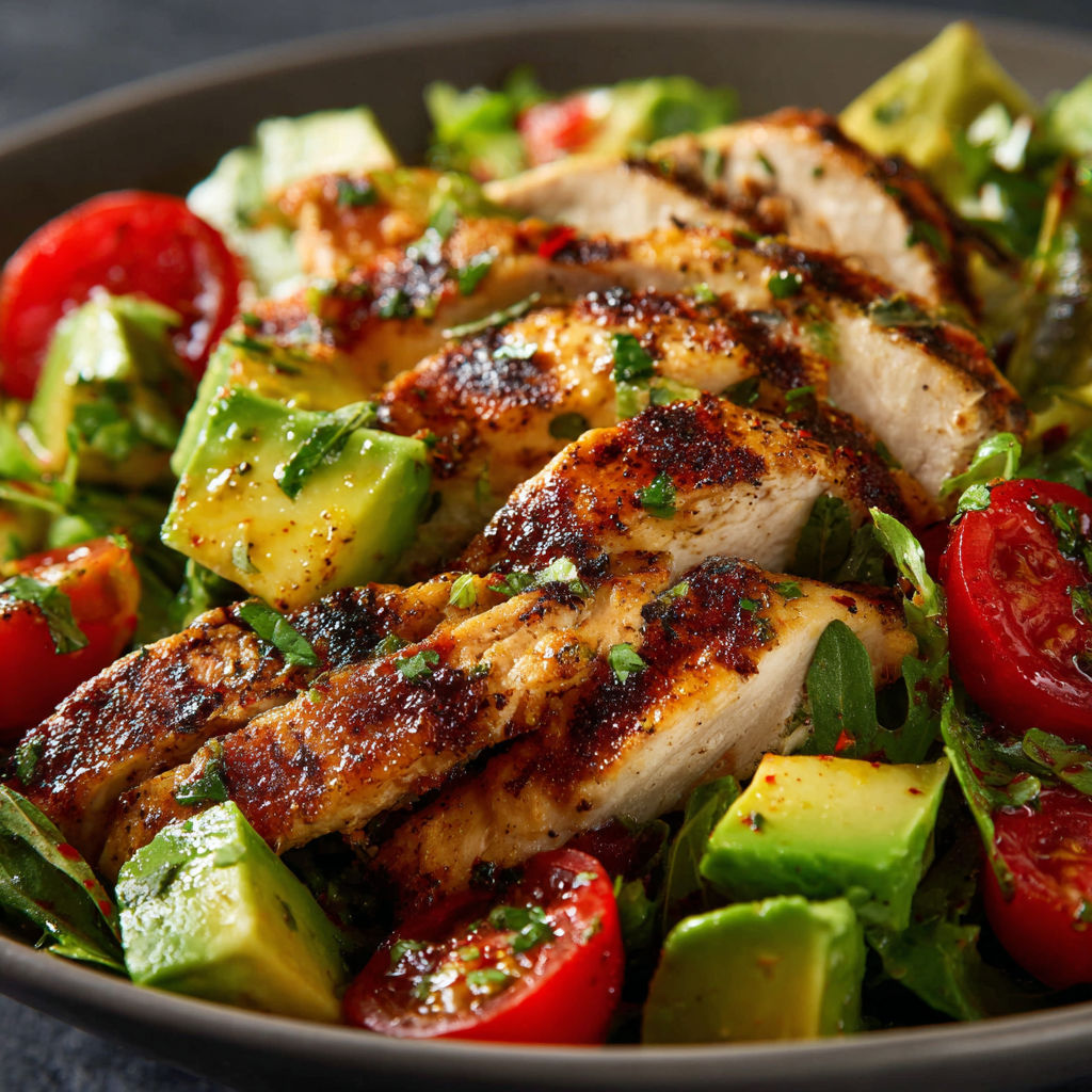 Dans un bol une salade fraîche de poulet grillé, avocat et coriandre prête à être dégustée.