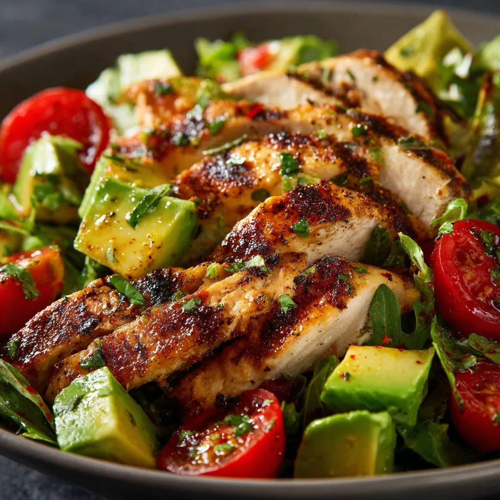 Dans un bol une salade fraîche de poulet grillé, avocat et coriandre prête à être dégustée.