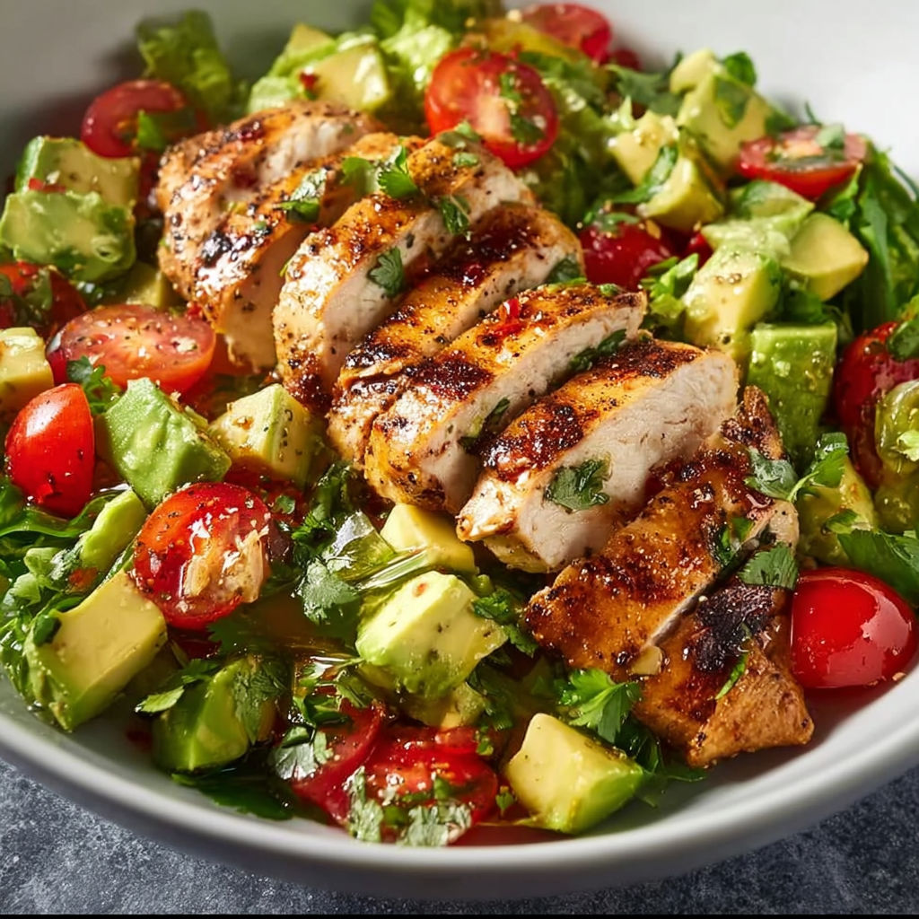 Salade de poulet grillé sur légumes croquants avec avocat et tomates colorées.