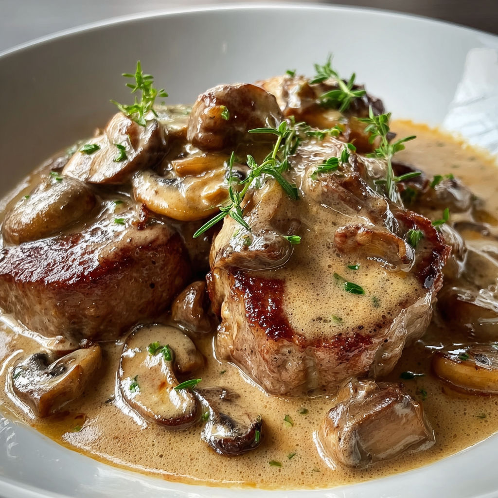 Un plat appétissant de médaillons de porc avec sauce crémeuse et champignons, présenté à table.