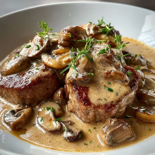 Un plat appétissant de médaillons de porc avec sauce crémeuse et champignons, présenté à table.