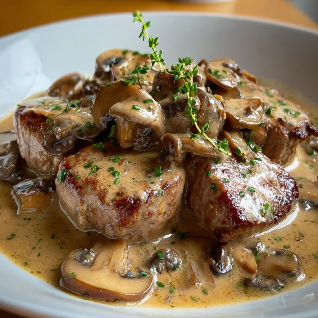 Une assiette de viande de boeuf avec champignons et herbes, nappée d'une sauce crémeuse aux champignons.