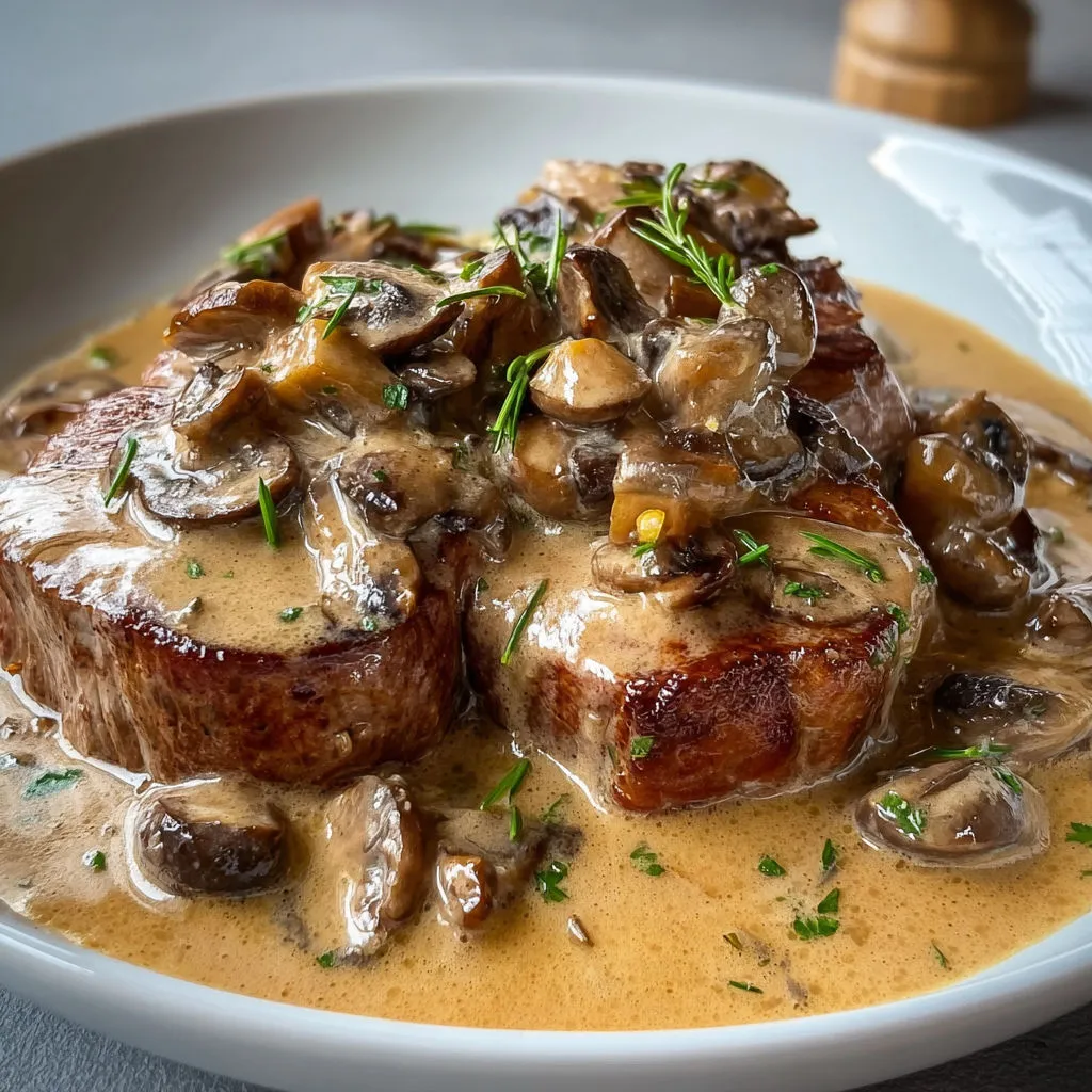 Un plat de viande tendre avec champignons et herbes fraîches.