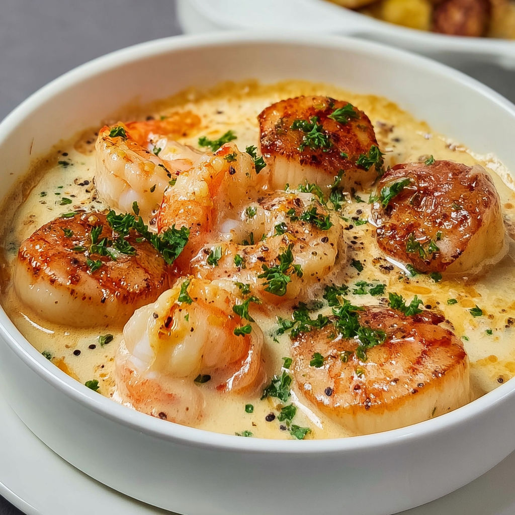 Gambas et Saint-Jacques en cassolette, riches en saveurs marines sous une sauce onctueuse.