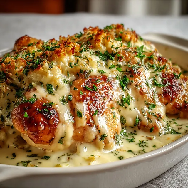 Poulet nappé d’une sauce crème et fromages, garni d’herbes et servi avec des légumes colorés.