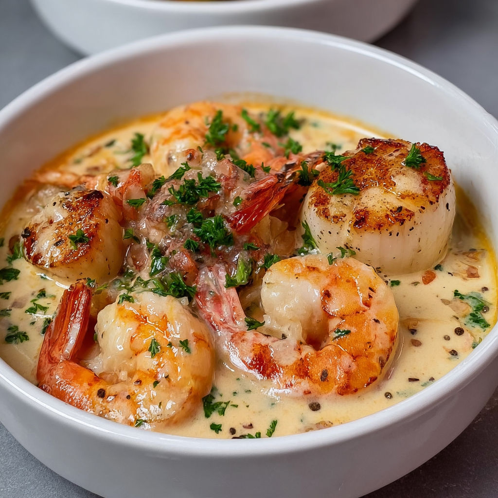 Cassolettes océanes garnies de Saint-Jacques et gambas, toute en gourmandise et douceur.