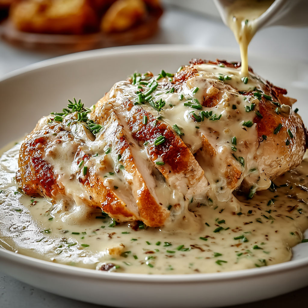 Une cocotte de poulet nappée de sauce au pesto et accompagnée de légumes verts et herbes servie sur un plateau.