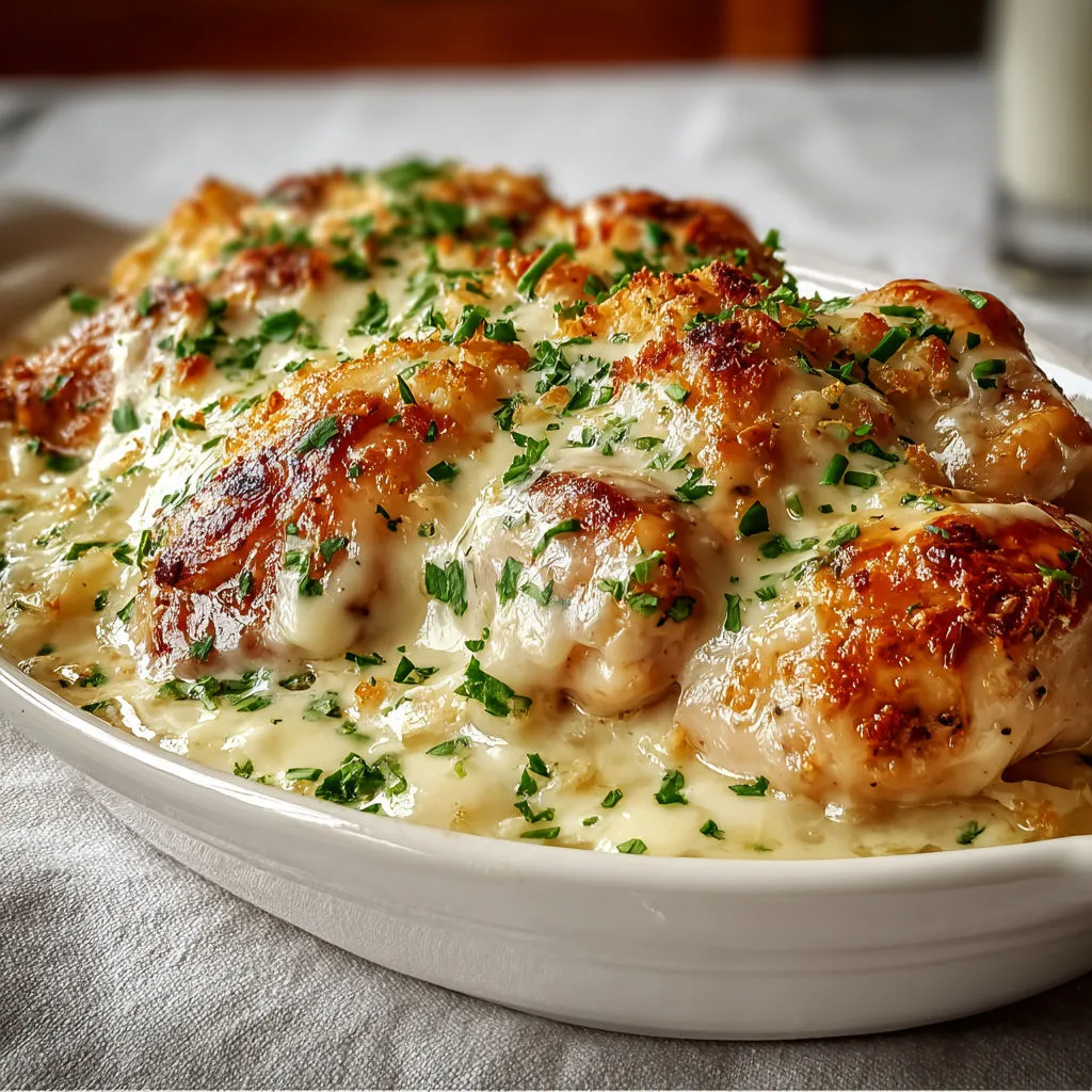 Un gratin de poulet croustillant avec herbes et fromages présenté dans un bol sur une table.
