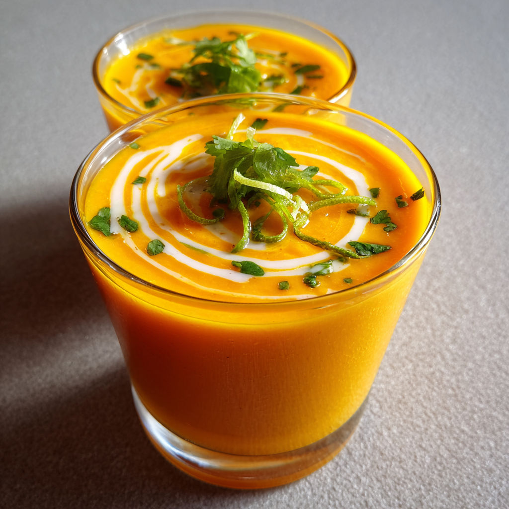 Un bol de velouté glacé carotte, lait de coco et citron vert.