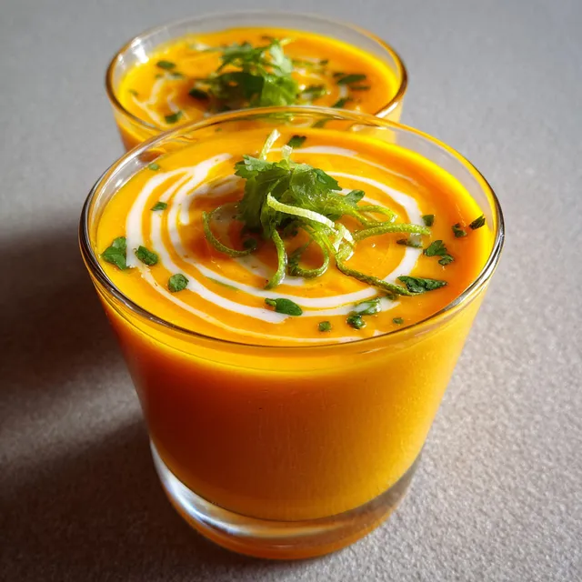 Un bol de velouté glacé carotte, lait de coco et citron vert.